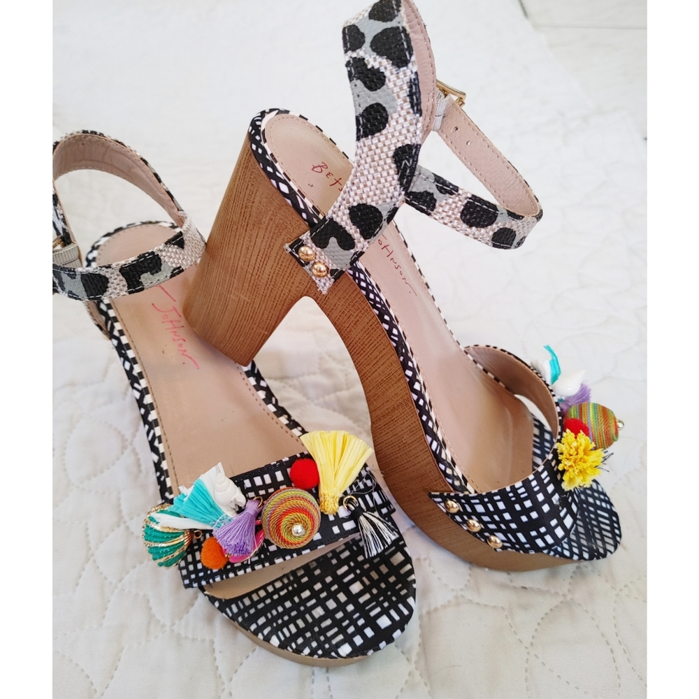 Betsey Johnson Black White Patterned Platform Sandals with Multicolor Tassels